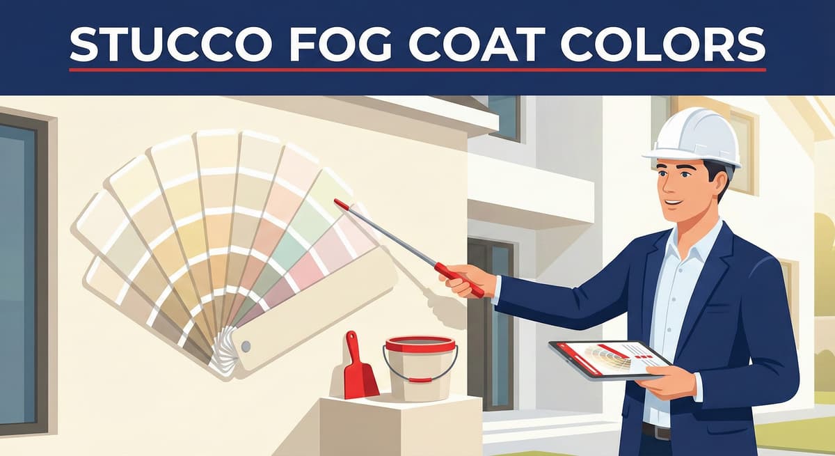 Stucco Champions pro pointing to a fan deck of fog coat colors on an exterior wall to demonstrate color refreshing.