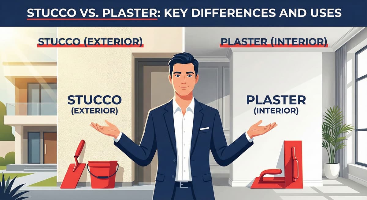Stucco Champions infographic comparing the exterior application of stucco versus the interior use of plaster.
