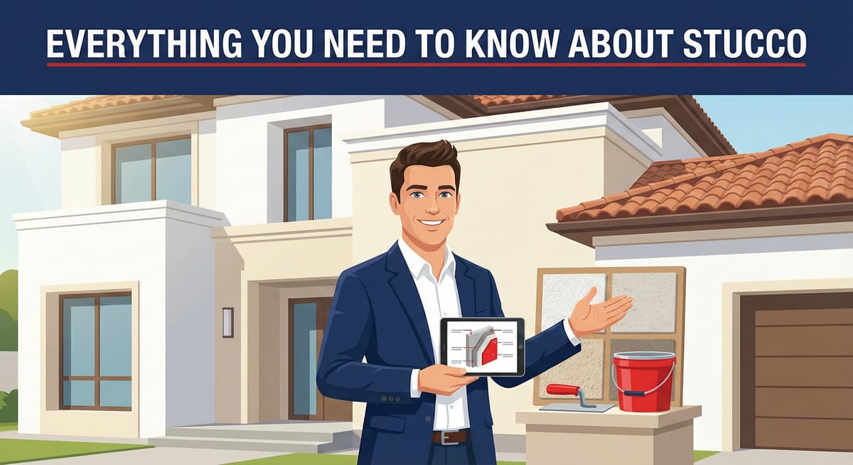 Stucco Champions contractor holding a digital tablet showing a cross-section of a stucco wall system and insulation.