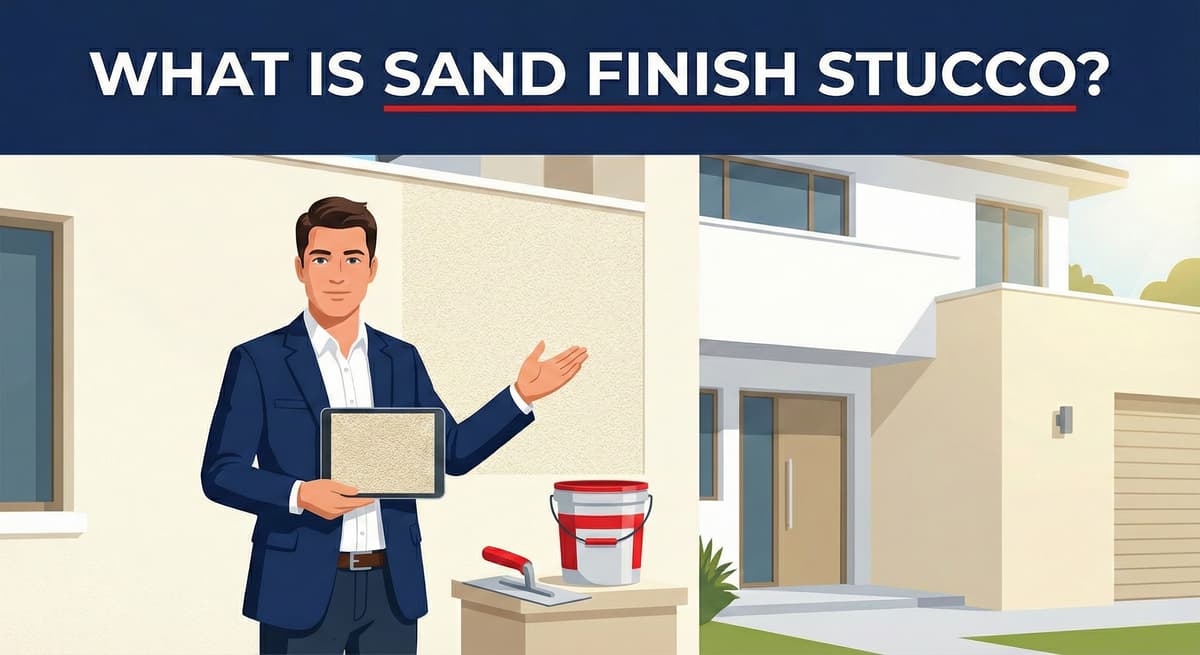 Stucco Champions contractor displaying a sample of sand finish stucco texture on a digital tablet.