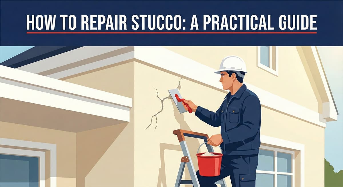 Stucco Champions contractor in safety gear standing on a ladder to repair a stucco wall crack with a trowel.