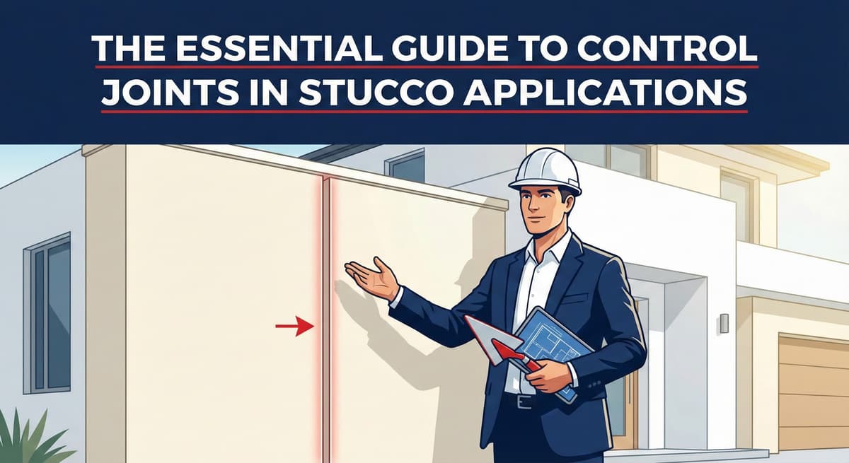 Stucco Champions contractor pointing to a vertical control joint on a stucco wall to illustrate crack prevention.