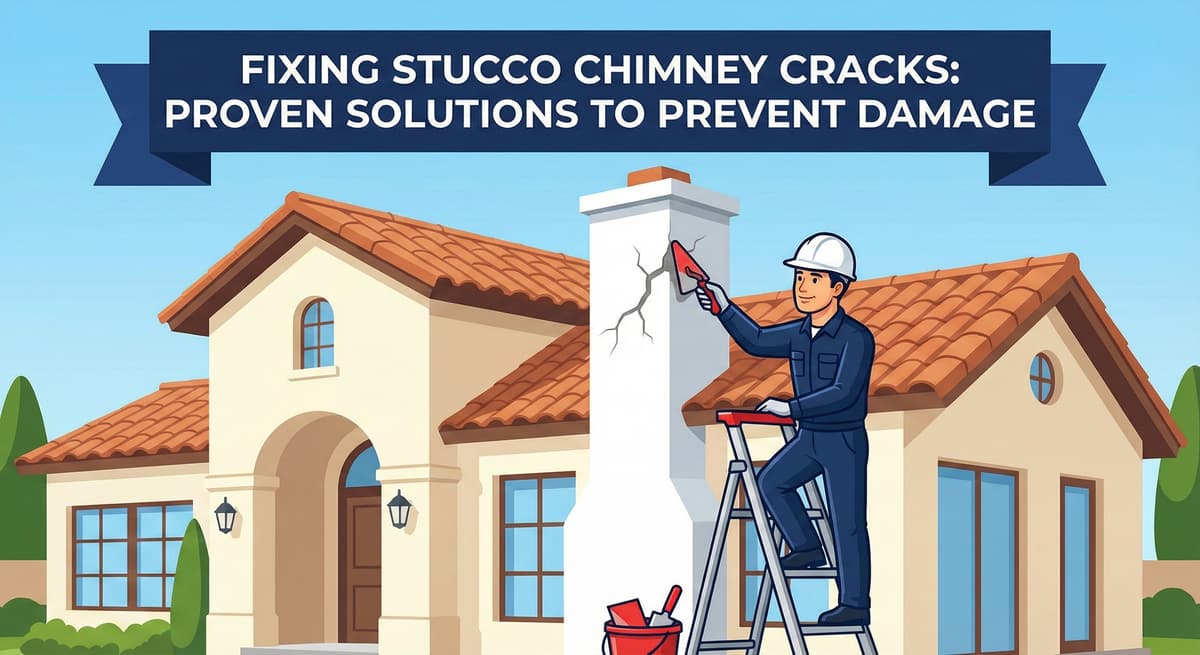 A repairman on a ladder applying stucco to a large, prominent crack on a white stucco chimney of a light brown house. The image illustrates the process of fixing stucco chimney cracks.