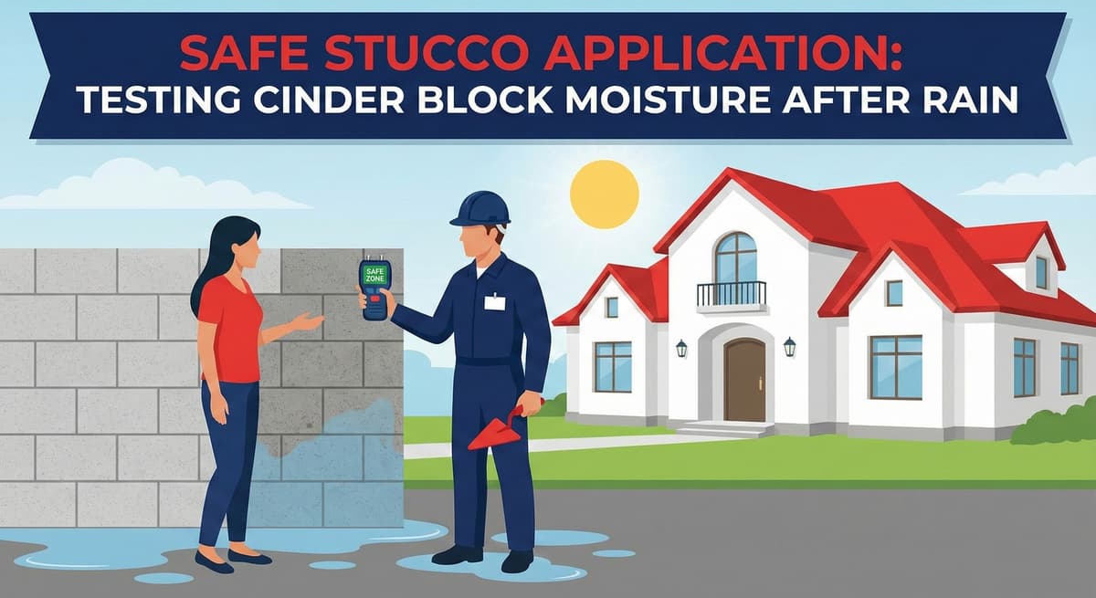 Safe stucco application showing moisture meter testing on cinder block walls after rain to ensure proper weather barrier and weep screed installation