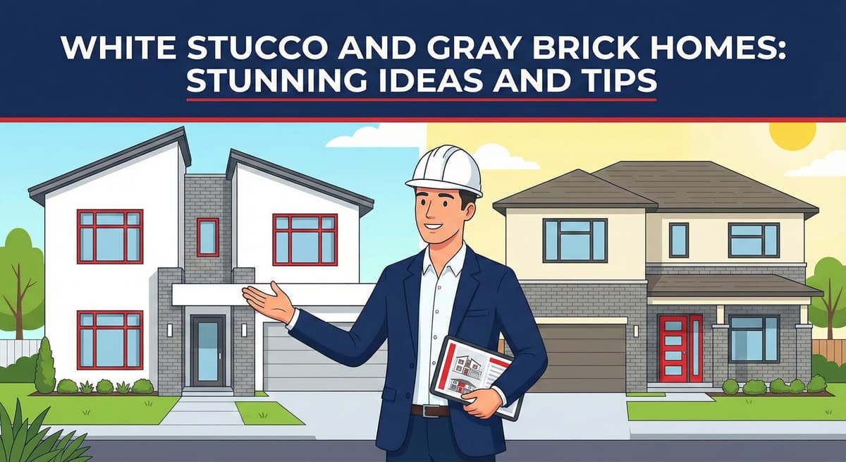 Stucco Champions design consultant showcasing modern and traditional homes featuring white stucco with gray brick accents.