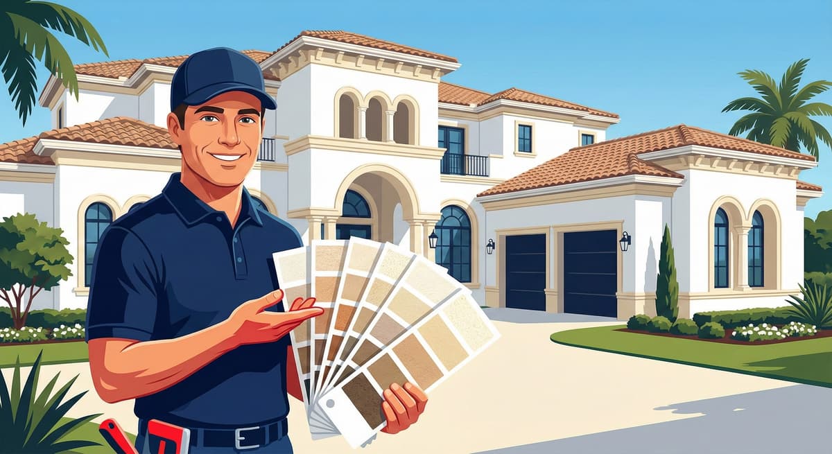 Professional stucco color selection consultation showing expert guidance for finish coat colors over properly installed drainage systems