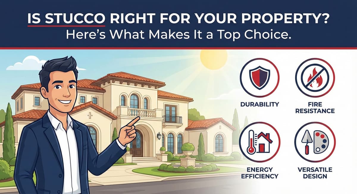 Illustration of a contractor standing in front of a stucco home with icons highlighting durability, fire resistance, energy efficiency, and versatile design.