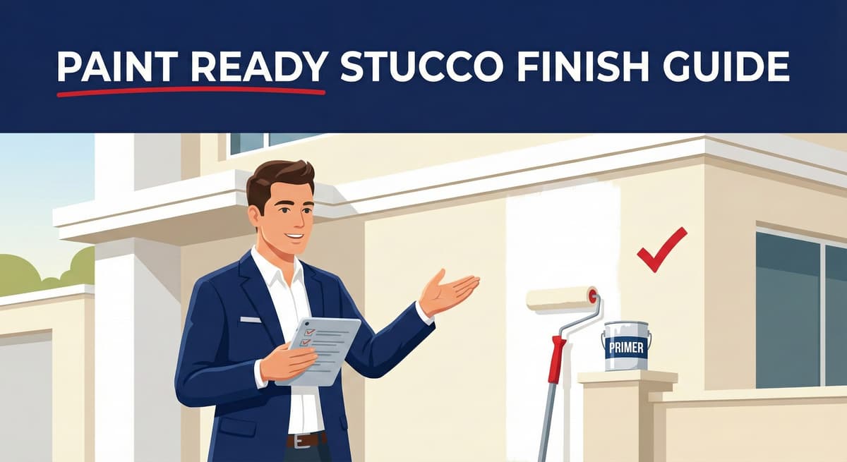 Stucco Champions contractor inspecting a paint-ready stucco wall with a primer bucket and roller.