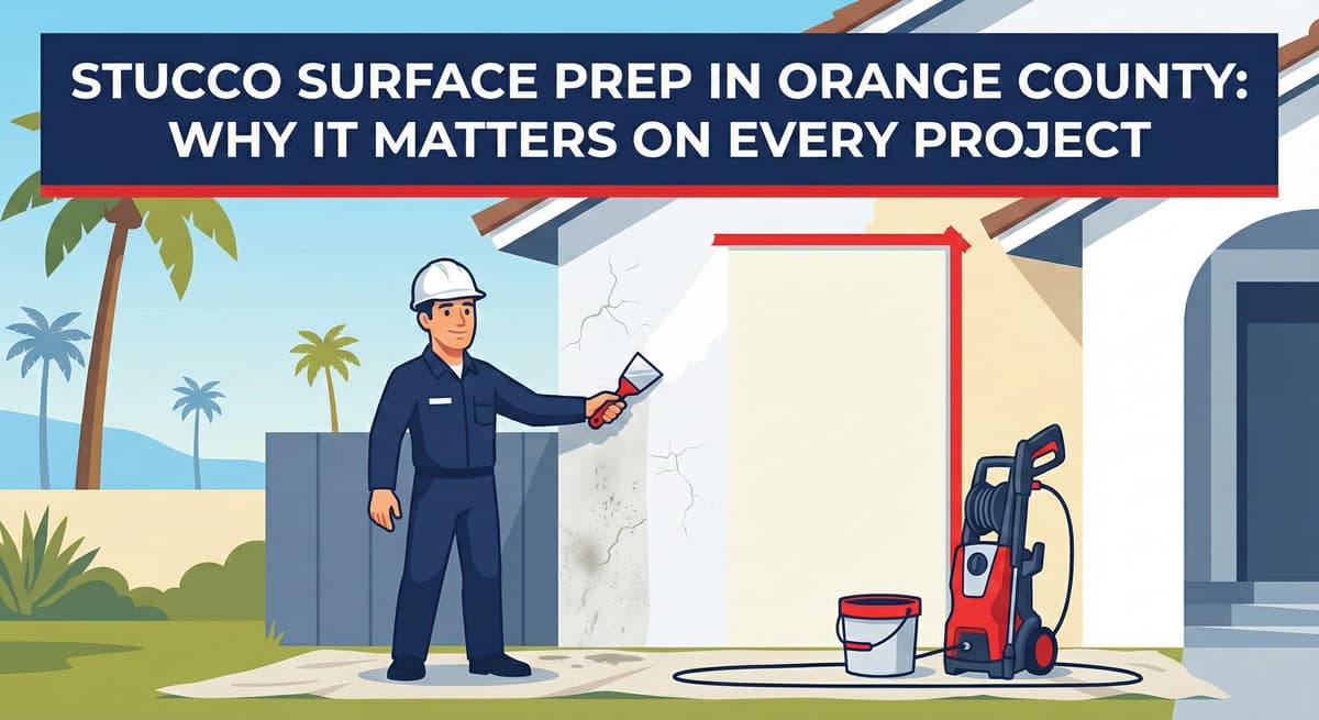 Stucco Champions contractor using a pressure washer and scraper to prepare a stucco wall in Orange County.