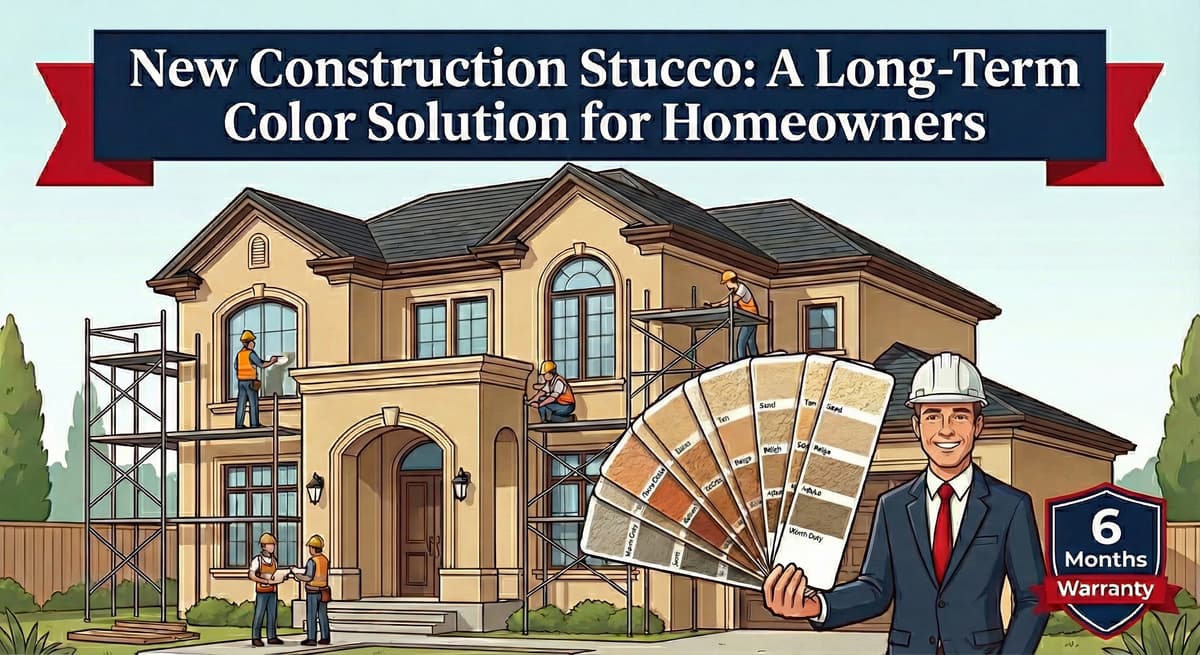 New construction stucco showing professional color selection and three coat system installation with proper weep screed drainage for long-term durability