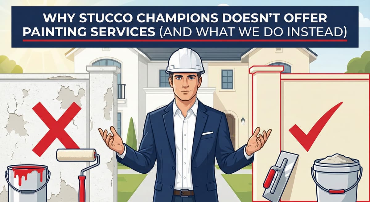 Stucco Champions infographic comparing excluded painting services against specialized stucco application tools.