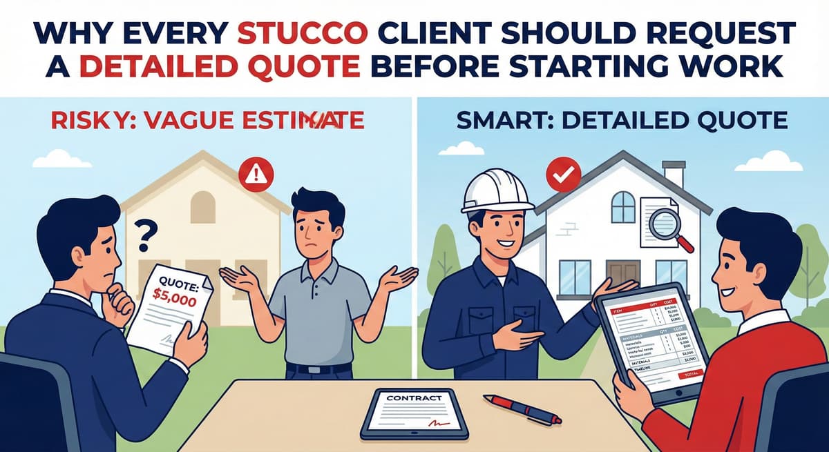 Stucco Champions infographic comparing warm earth-tone stucco versus cool modern white stucco to show the impact on curb appeal.