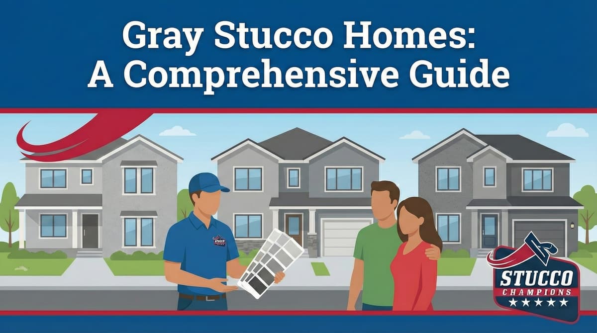A professional visual guide from Stucco Champions titled "Gray Stucco Homes: A Comprehensive Guide," showing a contractor presenting a gray color palette to a couple in front of three different gray-toned residential homes.