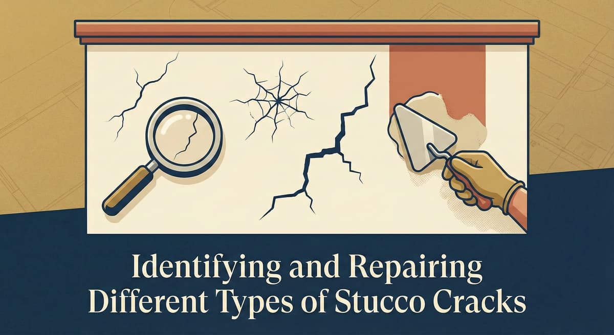 Identifying different types of stucco cracks including hairline and structural cracks that affect drainage systems