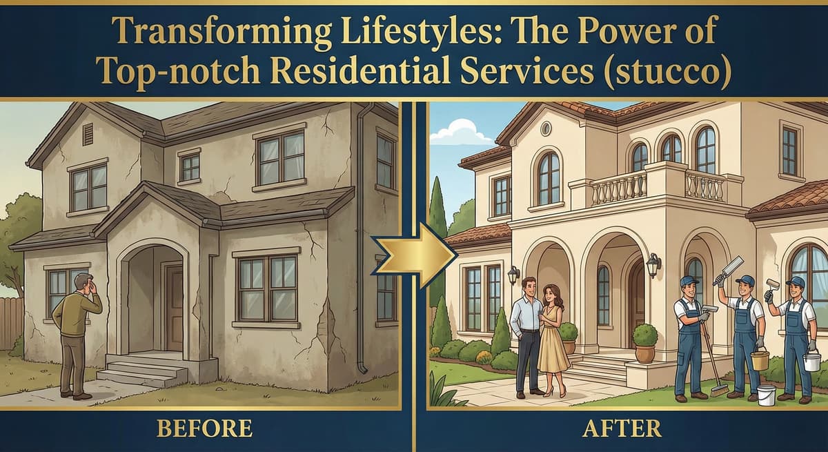 Before and after stucco renovation showing cracked exterior transformed to beautiful finish with proper drainage systems