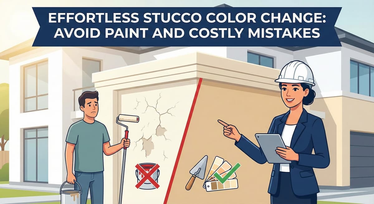 A comparison showing a distressed man with a paint roller next to a wall with peeling, cracked paint (wrong way), and a female contractor pointing to a stucco color swatch and trowel (right way).