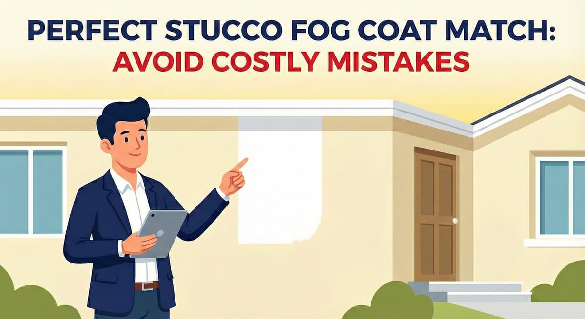 A comparison showing a distressed man with a paint roller next to a wall with peeling, cracked paint (wrong way), and a female contractor pointing to a stucco color swatch and trowel (right way).