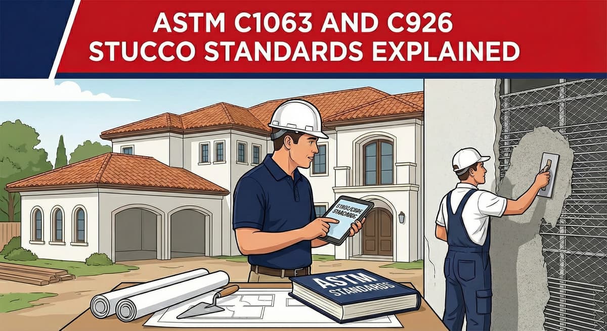 ASTM C1063 and C926 stucco standards explained showing code compliant installation including proper weep screed drainage requirements