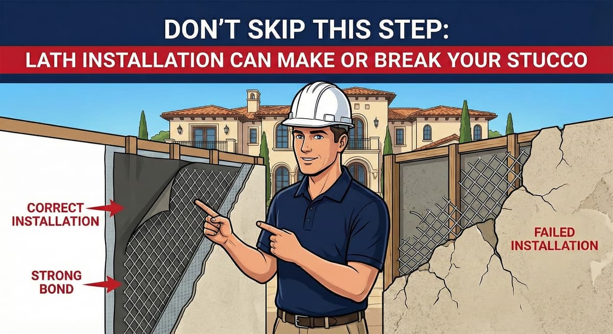 Lath installation comparison showing correct metal lath bonding versus failed installation with cracks and drainage system compromise