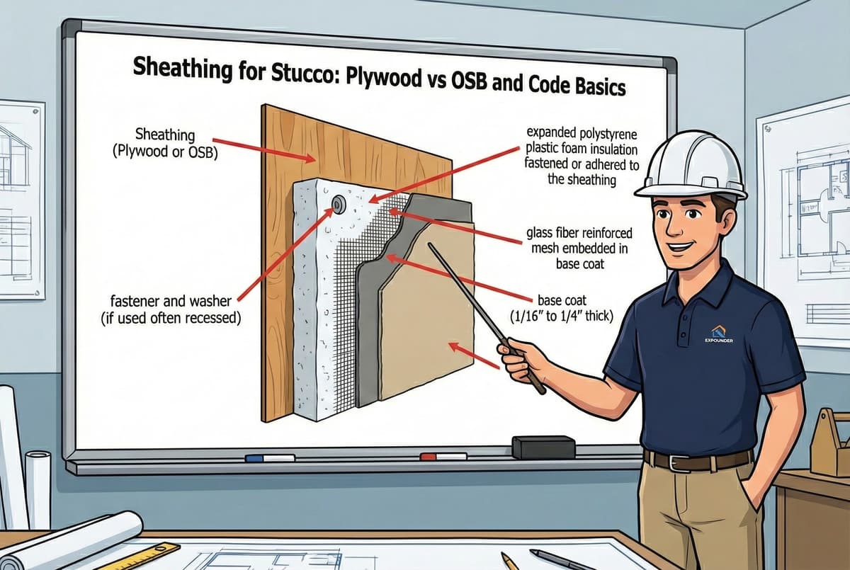 Sheathing for stucco plywood vs OSB comparison showing proper substrate preparation for weather barrier and weep screed drainage installation