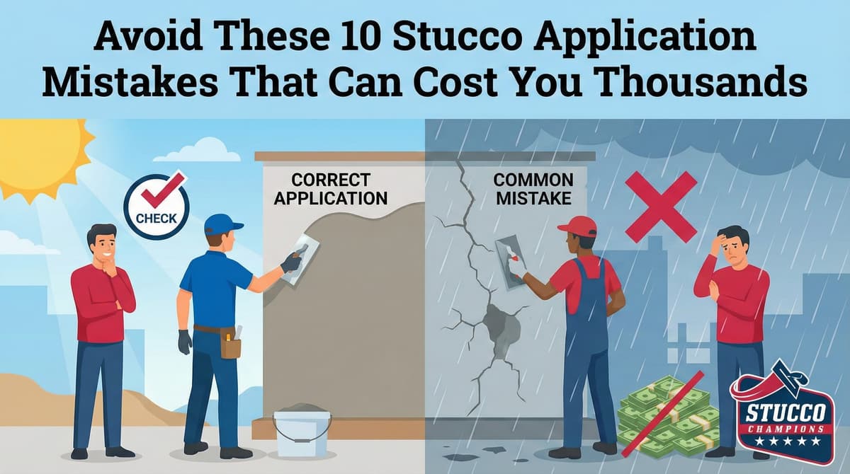 An educational infographic from Stucco Champions titled "Avoid These 10 Stucco Application Mistakes That Can Cost You Thousands," illustrating correct application techniques versus common errors like applying stucco in the rain.