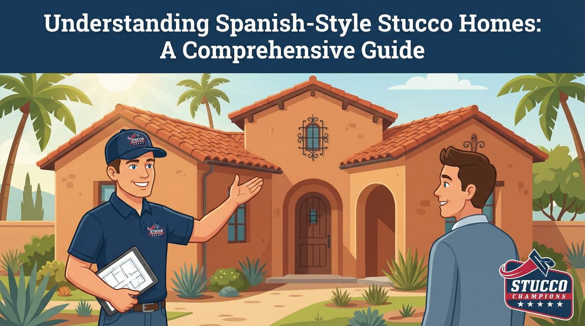 A professional technical infographic from Stucco Champions titled "Understanding Spanish-Style Stucco Homes: A Comprehensive Guide," showing a contractor in a branded uniform and cap gesturing toward a classic terracotta-roofed Mediterranean villa while a client looks on.