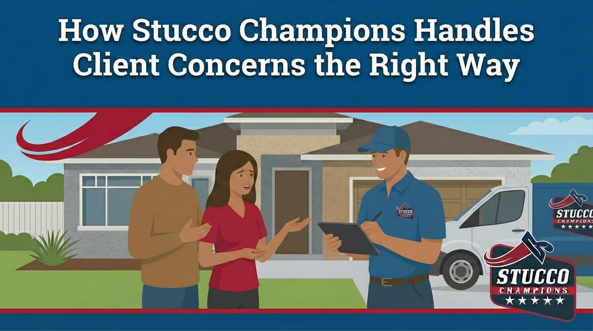 A professional visual guide from Stucco Champions titled "How Stucco Champions Handles Client Concerns the Right Way," showing a contractor listening to a couple's questions and taking notes on a tablet in front of a modern home.