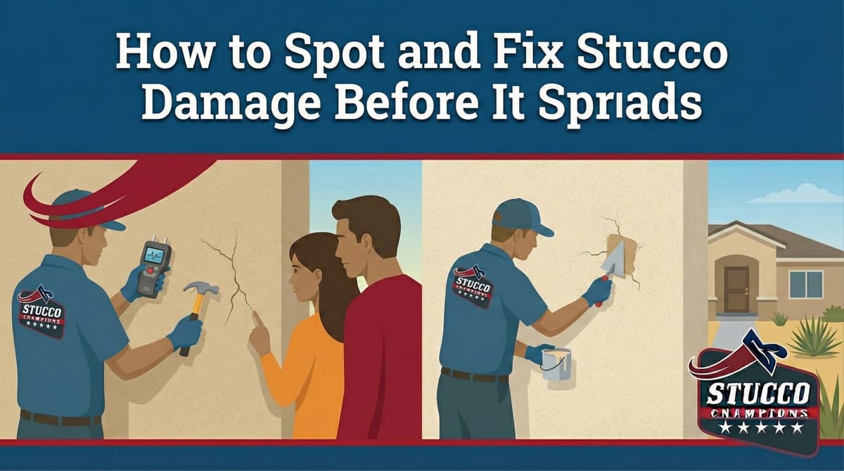 A professional visual guide from Stucco Champions titled "How to Spot and Fix Stucco Damage Before It Spreads," showing a technician using a moisture meter and hammer to inspect a wall crack for a couple, and another contractor applying a trowel patch to a home exterior.