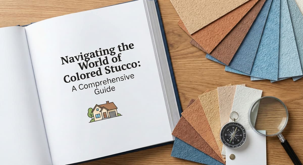 Top-down view of an open guide book on a wooden desk titled 'Navigating the World of Colored Stucco: A Comprehensive Guide.' The book is surrounded by fanned-out textured stucco color swatches in earth tones and blues, along with a compass and a magnifying glass.