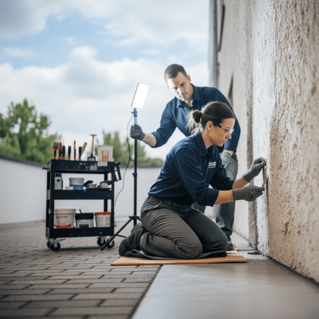 Professional stucco contractor carefully matching and applying a patch to a damaged exterior residential wall under bright sunlight.