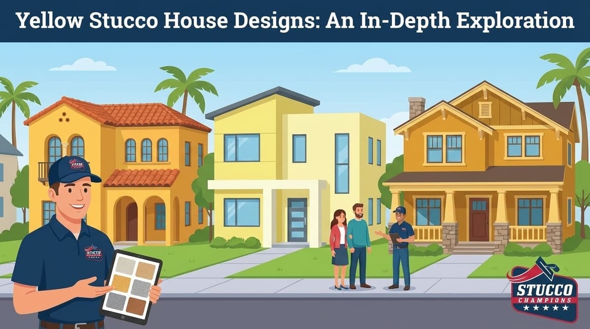 A professional technical infographic from Stucco Champions titled "Yellow Stucco House Designs: An In-Depth Exploration," showing a contractor holding a digital tablet with yellow color swatches while gesturing toward three different yellow residential styles: Mediterranean, Modern, and Craftsman.