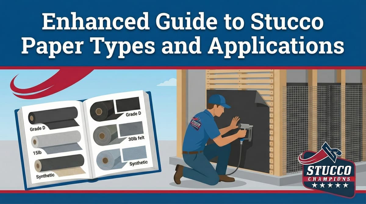 A professional technical guide from Stucco Champions titled "Enhanced Guide to Stucco Paper Types and Applications," showing a contractor installing black moisture barrier paper on a wood frame while referencing a manual featuring Grade D, 15lb, 30lb felt, and Synthetic options.