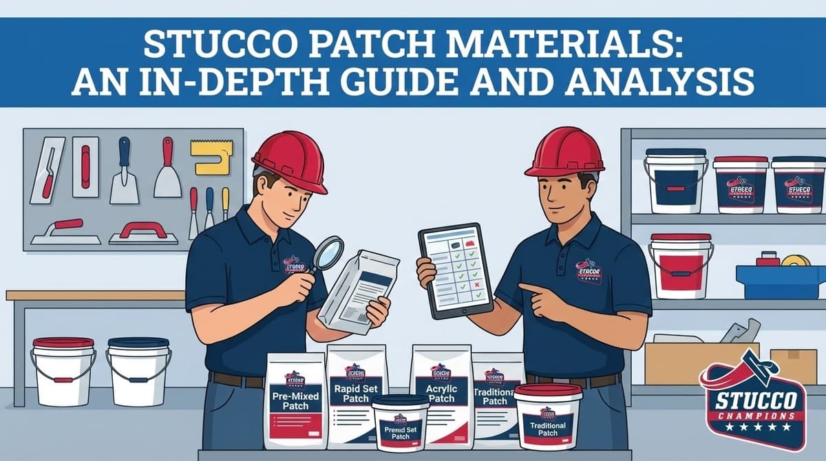 A professional technical infographic from Stucco Champions titled "Stucco Patch Materials: An In-Depth Guide and Analysis," showing two contractors in red hard hats evaluating different repair products including Pre-Mixed Patch, Rapid Set Patch, Acrylic Patch, and Traditional Patch.