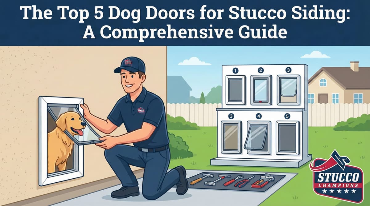 A professional technical infographic from Stucco Champions titled "The Top 5 Dog Doors for Stucco Siding: A Comprehensive Guide," showing a contractor in a branded cap and polo installing a white dog door for a golden retriever while a display stand highlights five different door models.