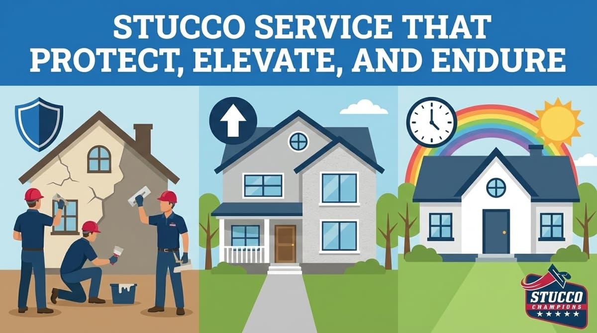 A professional technical infographic from Stucco Champions titled "Stucco Service That Protect, Elevate, and Endure," featuring a three-panel sequence: contractors repairing a cracked home (Protect), a modern two-story home with a fresh gray finish (Elevate), and a pristine white home under a rainbow and sun (Endure).