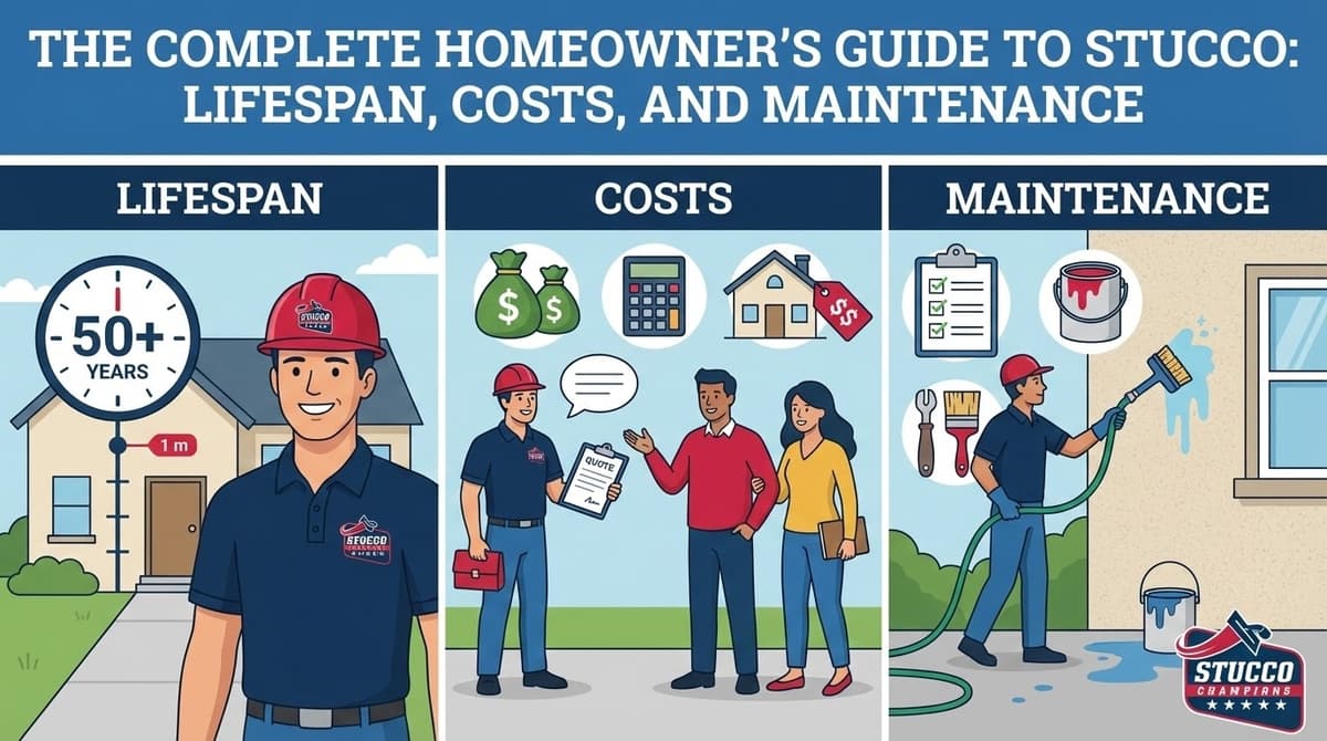 A professional three-panel technical infographic from Stucco Champions titled "The Complete Homeowner's Guide to Stucco: Lifespan, Costs, and Maintenance," featuring a contractor highlighting a 50+ year lifespan, a consultation for project costs, and a technician performing exterior cleaning and maintenance.