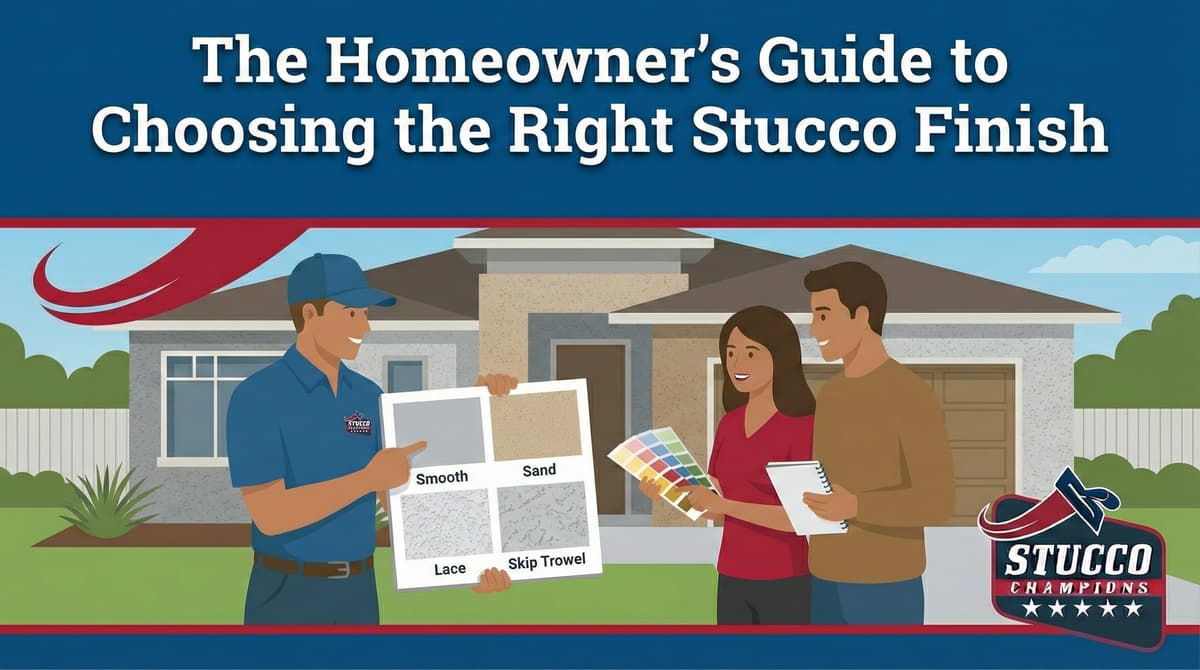 A professional visual guide from Stucco Champions titled "The Homeowner's Guide to Choosing the Right Stucco Finish," showing a contractor presenting four primary texture samples—Smooth, Sand, Lace, and Skip Trowel—to a couple in front of a modern home.
