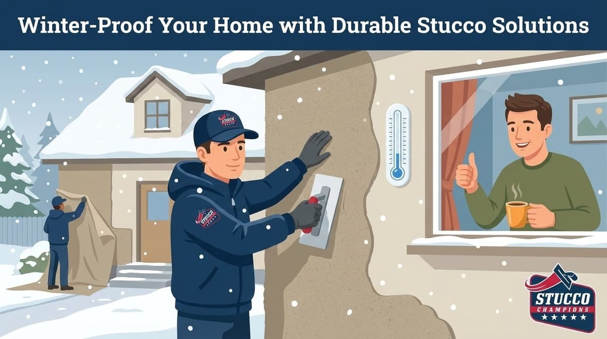 A professional technical infographic from Stucco Champions titled "Winter-Proof Your Home with Durable Stucco Solutions," showing a contractor in a branded winter parka and gloves applying a finish coat in the snow, while a satisfied homeowner watches from a warm window.